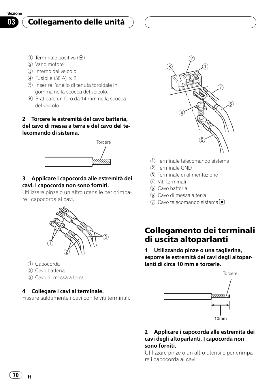 Collegamento dei terminali di uscita, Altoparlanti, Collegamento dei terminali di uscita altoparlanti | Collegamento delle unità | Pioneer GM-6400F User Manual | Page 70 / 104