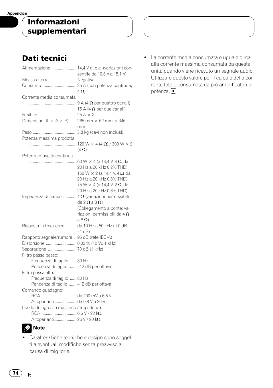 Informazioni supplementari dati tecnici, Dati tecnici, Informazioni supplementari | Pioneer GM-6400F User Manual | Page 74 / 104