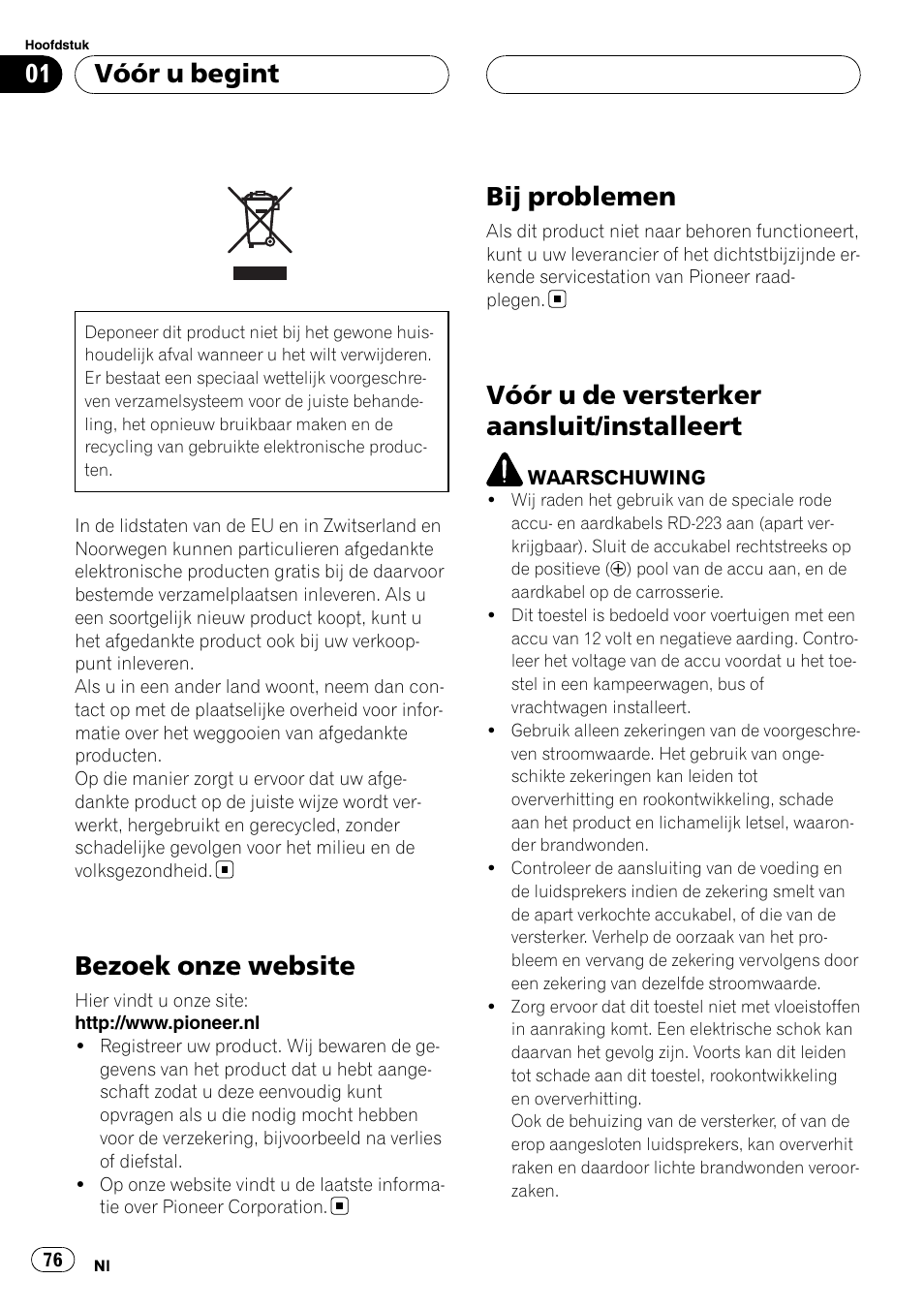 Vóór u begint, Bezoek onze website, Bij problemen | Vóór u de versterker aansluit/installeert | Pioneer GM-6400F User Manual | Page 76 / 104