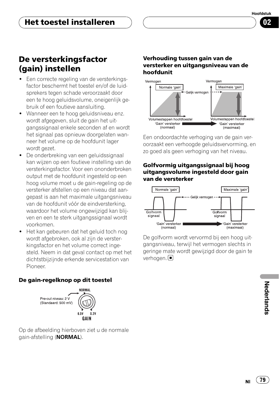 De versterkingsfactor (gain) instellen, Het toestel installeren | Pioneer GM-6400F User Manual | Page 79 / 104