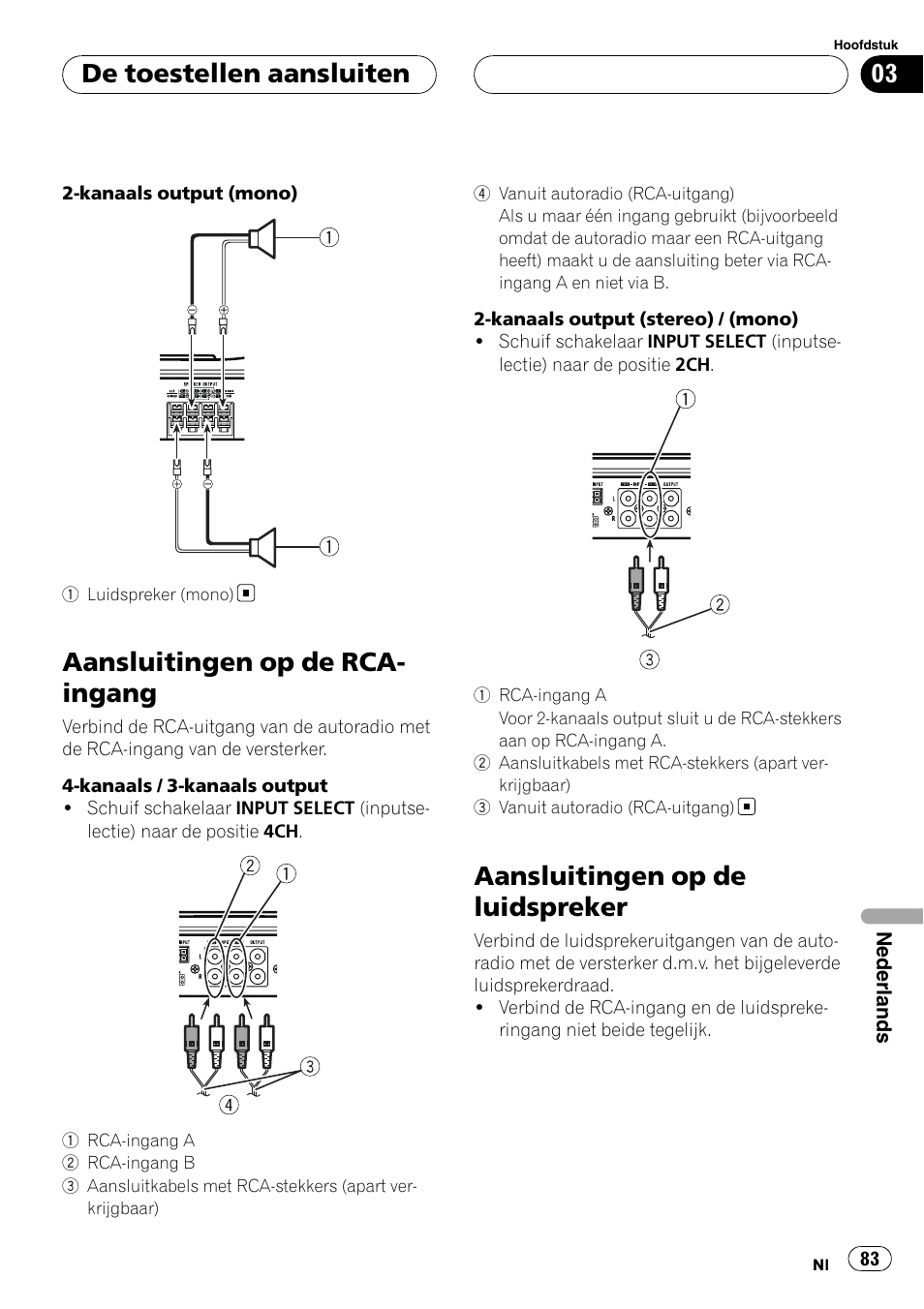 Aansluitingen op de rca-ingang, Aansluitingen op de luidspreker, Aansluitingen op de rca- ingang | De toestellen aansluiten | Pioneer GM-6400F User Manual | Page 83 / 104