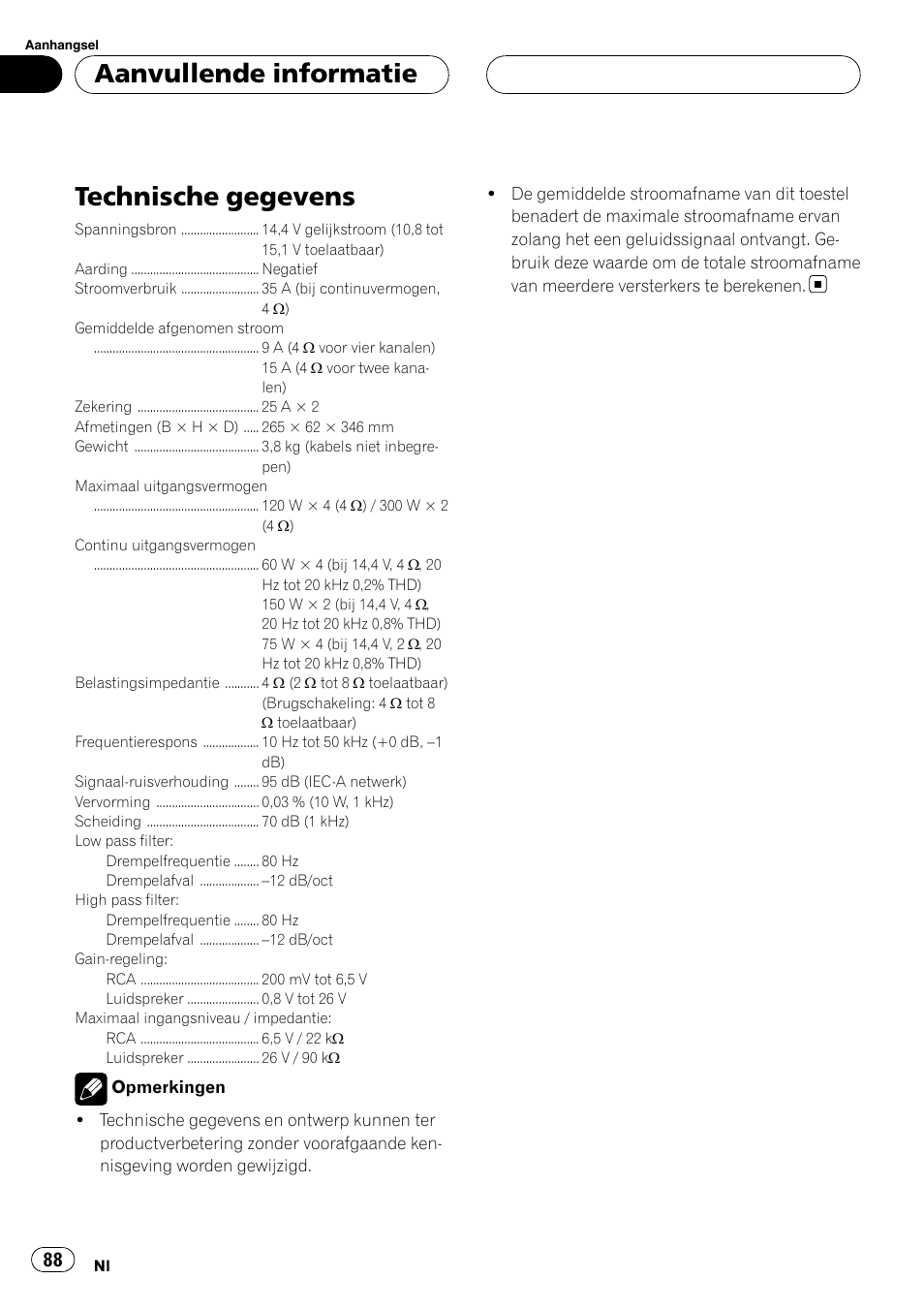 Aanvullende informatie technische gegevens, Technische gegevens, Aanvullende informatie | Pioneer GM-6400F User Manual | Page 88 / 104