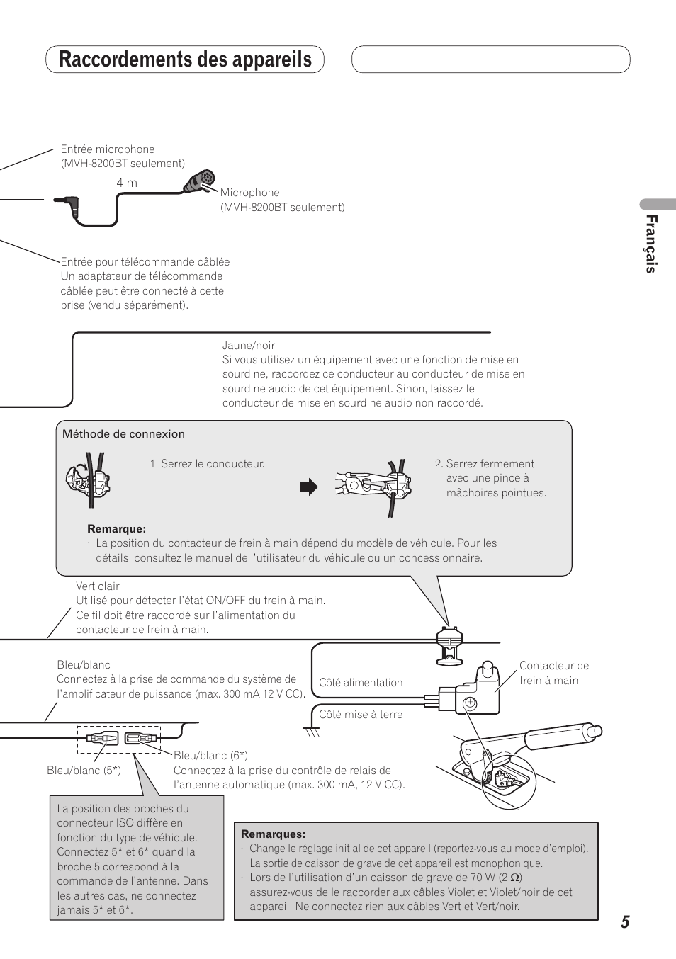 Raccordements des appareils, Branchement du cordon d’alimentation | Pioneer MVH-8200BT User Manual | Page 13 / 64