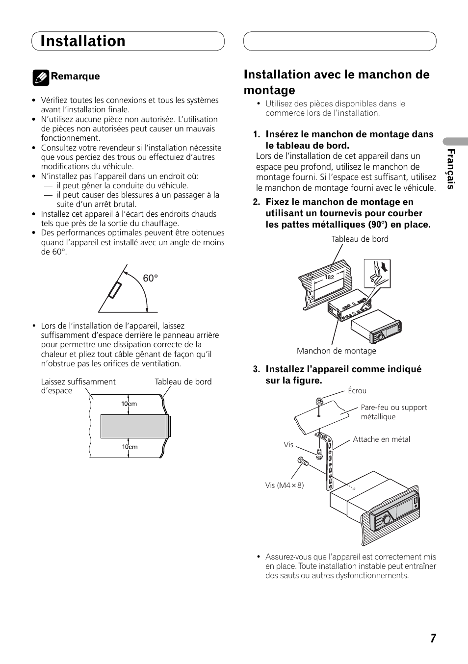 Installation, Installation avec le manchon de montage | Pioneer MVH-8200BT User Manual | Page 15 / 64
