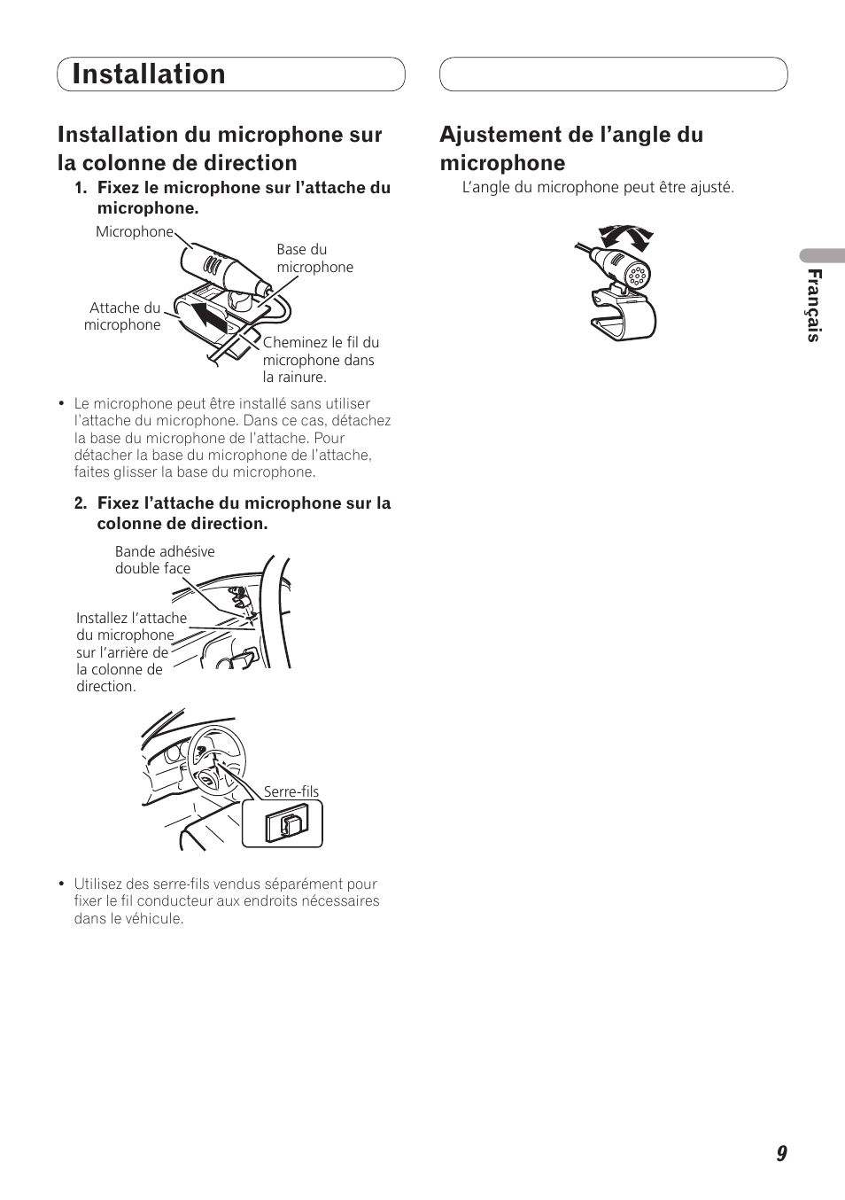 Installation du microphone sur la colonne de, Direction, Ajustement de l’angle du microphone | Installation | Pioneer MVH-8200BT User Manual | Page 17 / 64