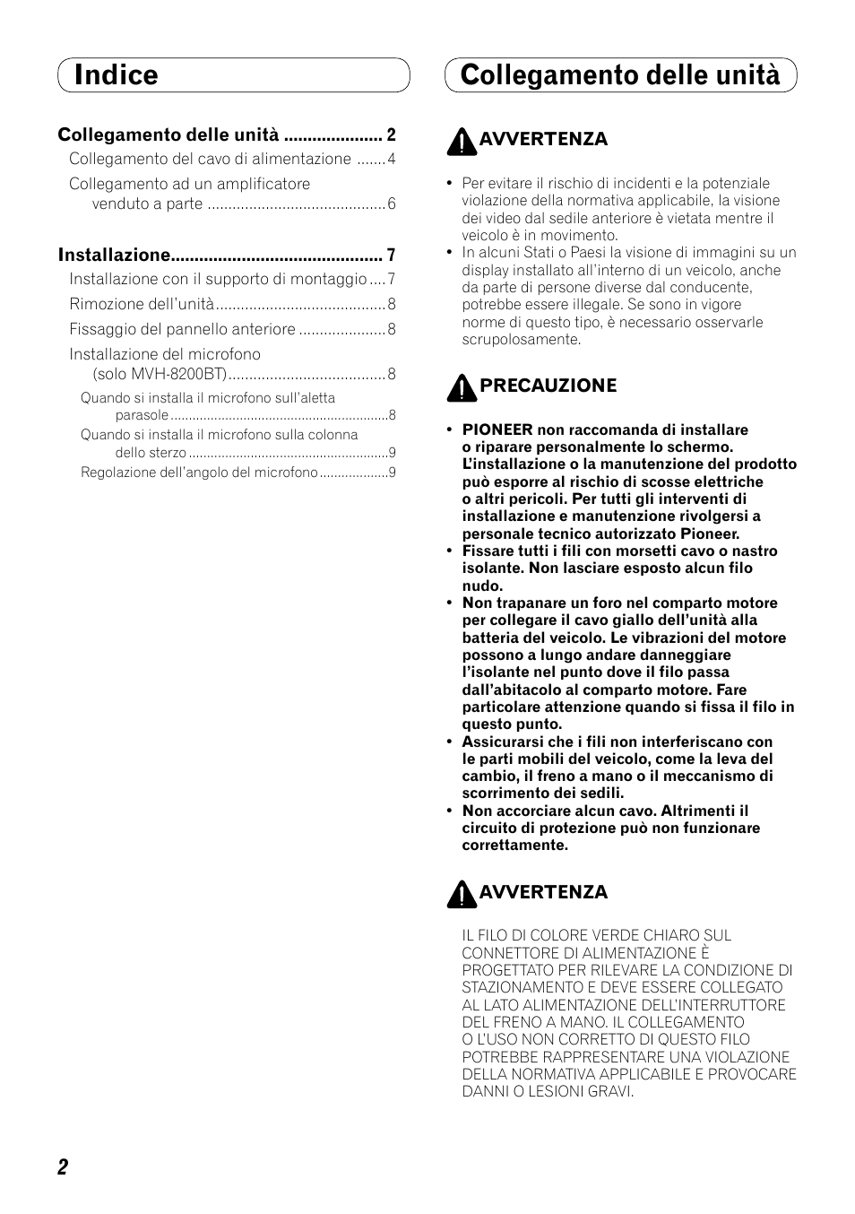 Italiano, Indice, Collegamento delle unità | Pioneer MVH-8200BT User Manual | Page 18 / 64