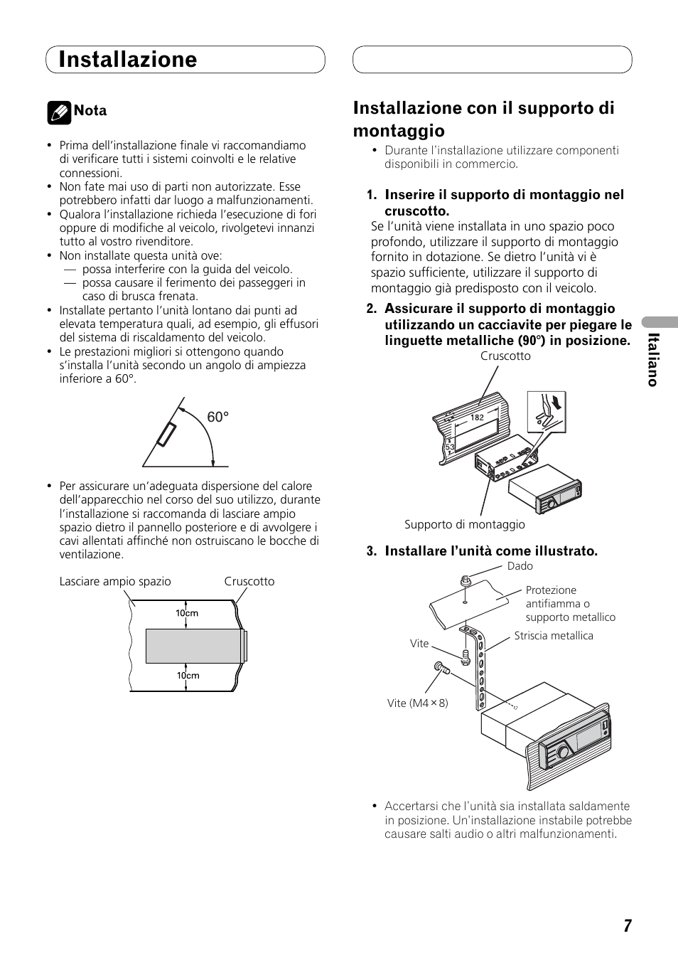 Installazione, Installazione con il supporto di montaggio | Pioneer MVH-8200BT User Manual | Page 23 / 64