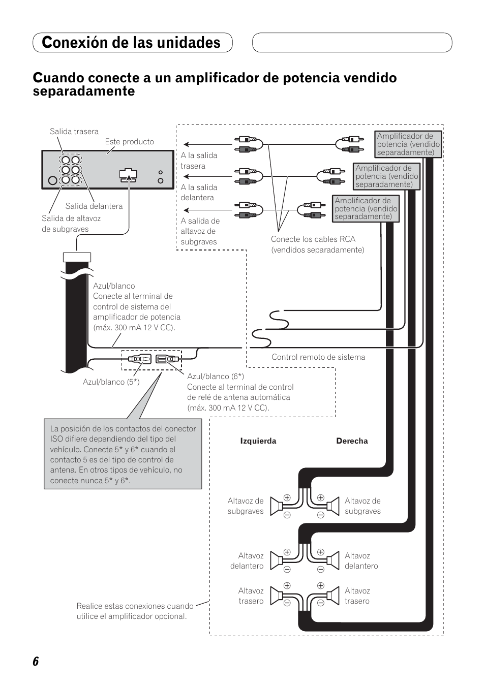 Cuando conecte a un amplificador de, Potencia vendido separadamente, Conexión de las unidades | Pioneer MVH-8200BT User Manual | Page 30 / 64