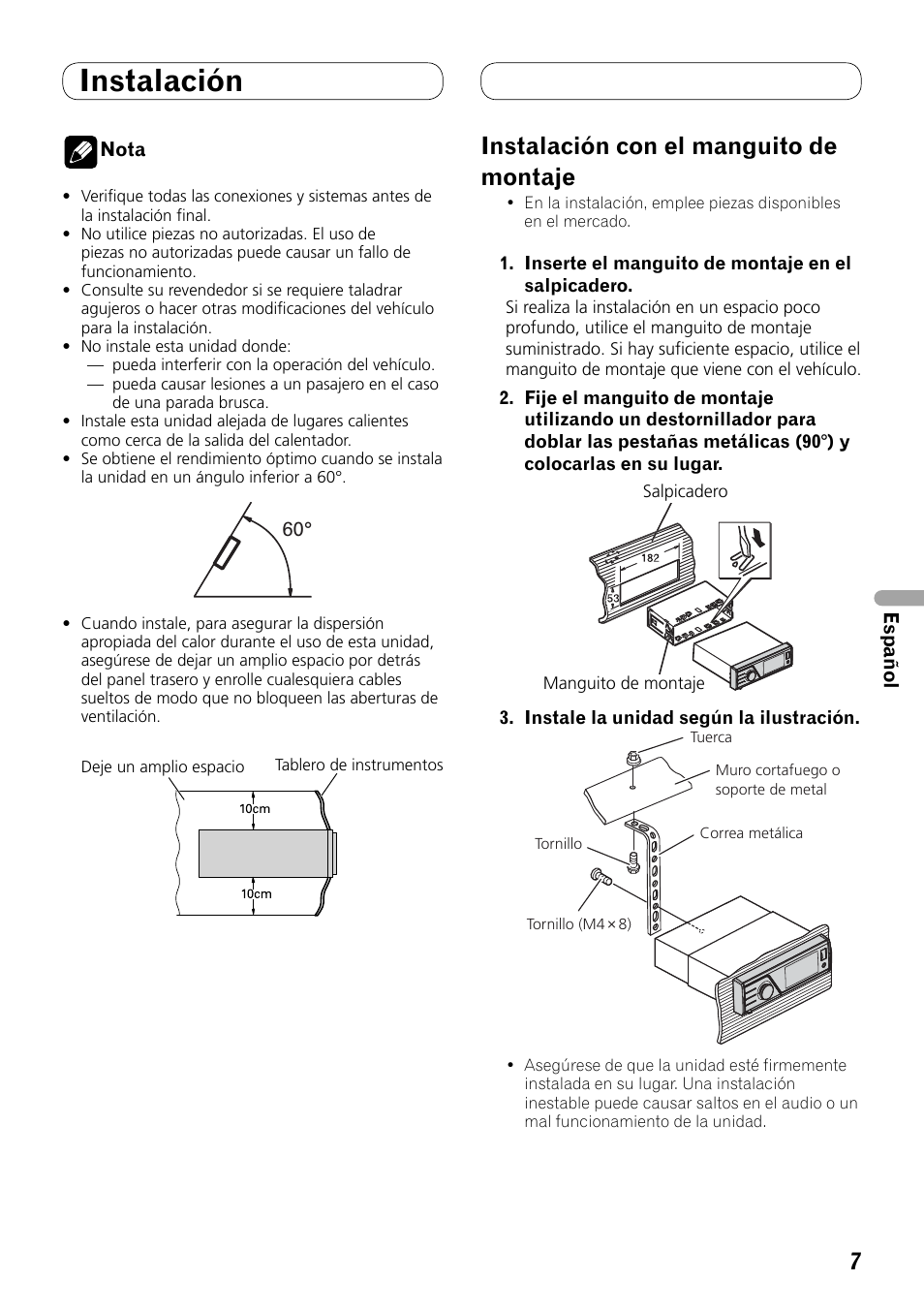 Instalación, Instalación con el manguito de montaje | Pioneer MVH-8200BT User Manual | Page 31 / 64
