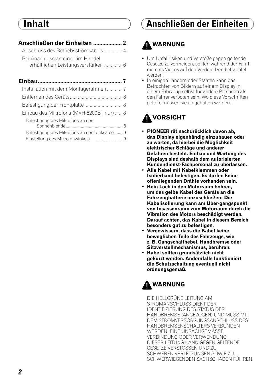 Deutsch, Inhalt, Anschließen der einheiten | Pioneer MVH-8200BT User Manual | Page 34 / 64