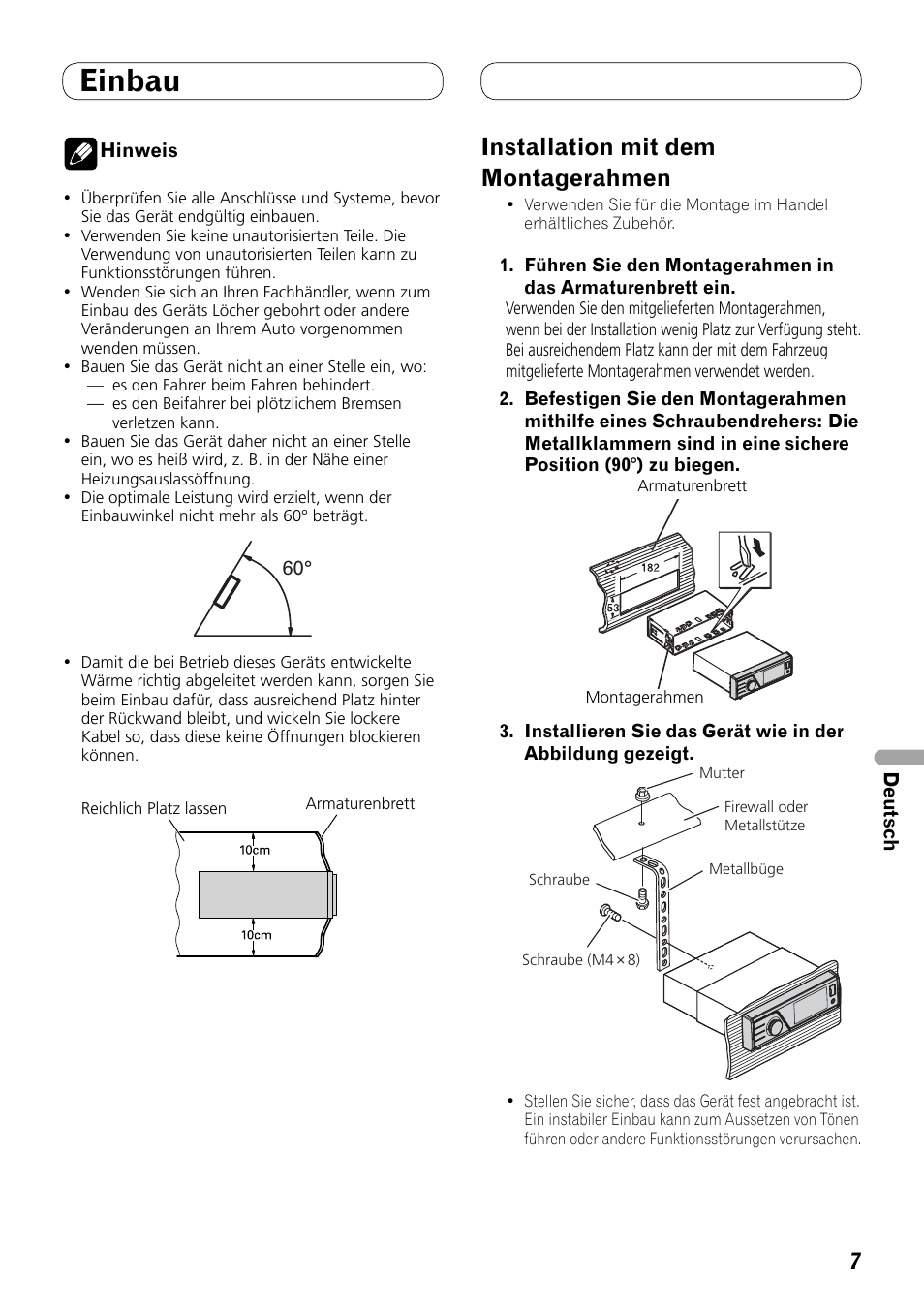 Einbau, Installation mit dem montagerahmen | Pioneer MVH-8200BT User Manual | Page 39 / 64