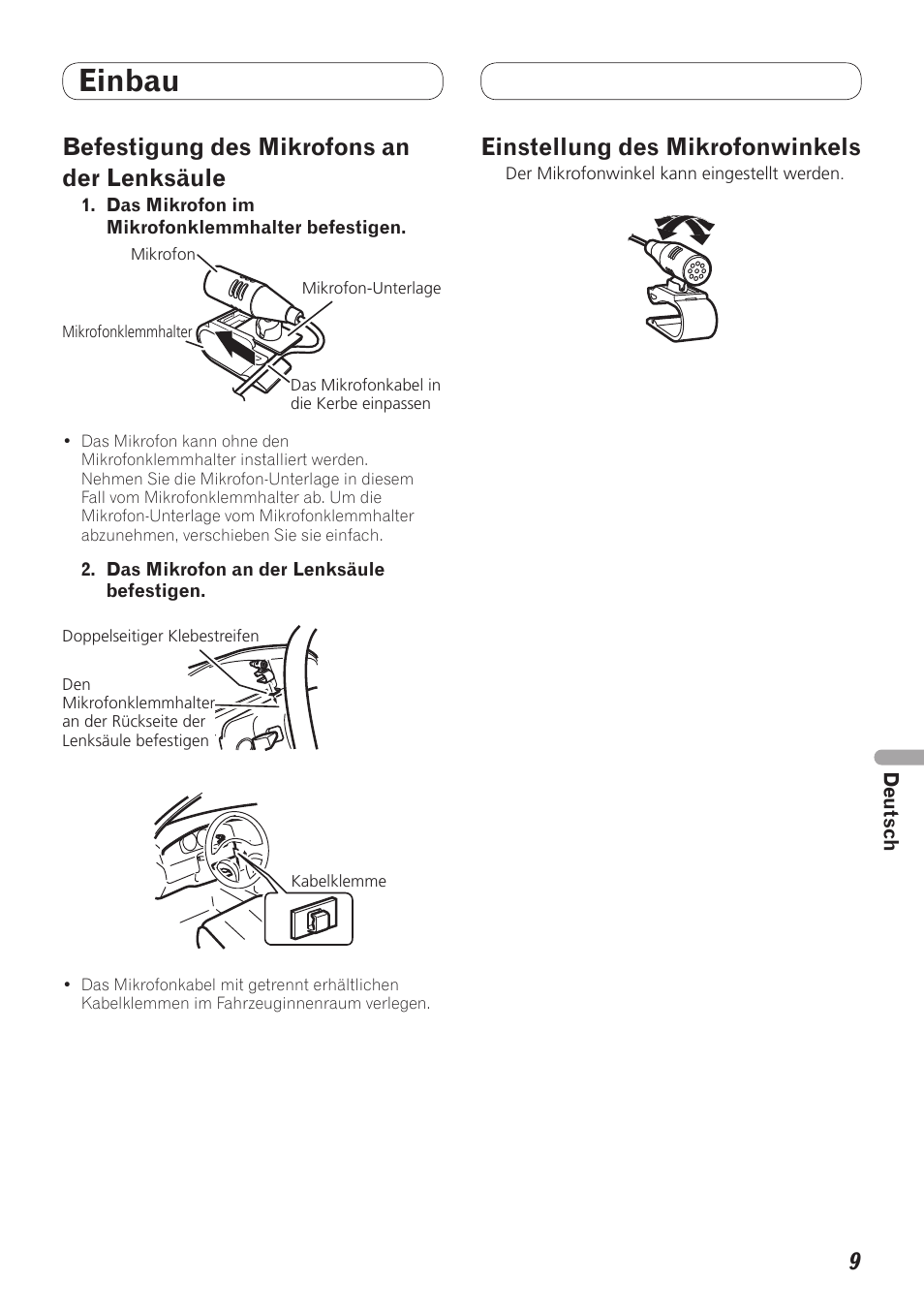 Einbau, Befestigung des mikrofons an der lenksäule, Einstellung des mikrofonwinkels | Pioneer MVH-8200BT User Manual | Page 41 / 64