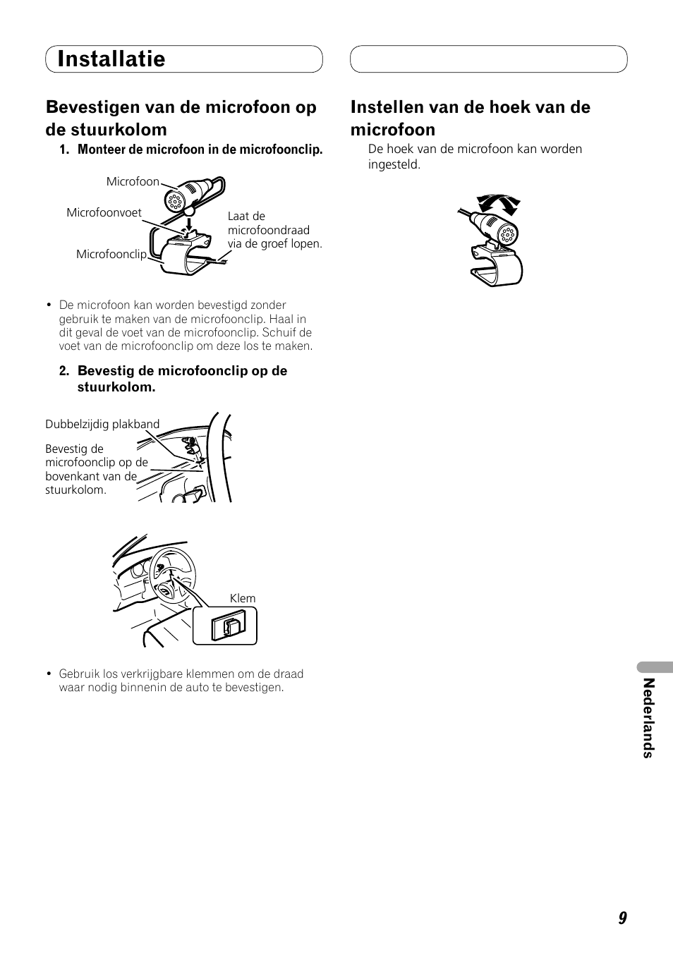Installatie, Bevestigen van de microfoon op de stuurkolom, Instellen van de hoek van de microfoon | Pioneer MVH-8200BT User Manual | Page 49 / 64