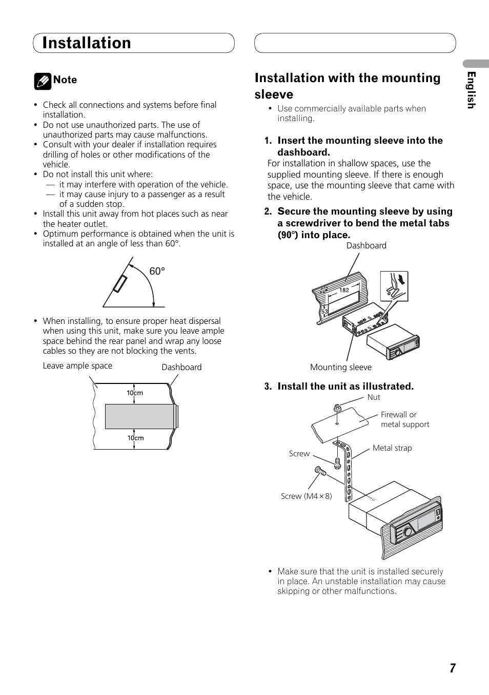 Installation, Installation with the mounting sleeve | Pioneer MVH-8200BT User Manual | Page 7 / 64