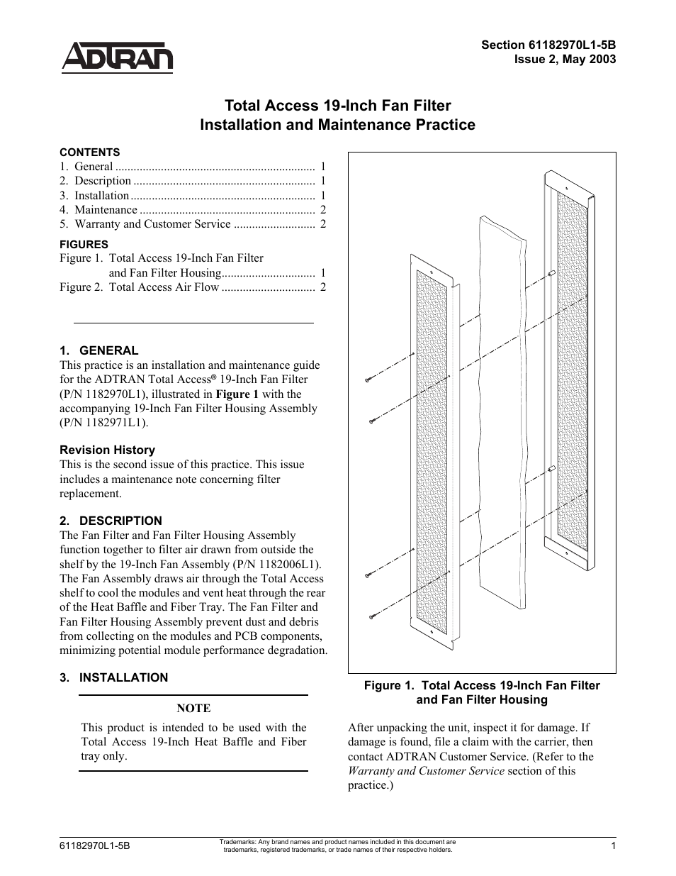 ADTRAN Total Access 19-Inch Fan Filter User Manual | 2 pages