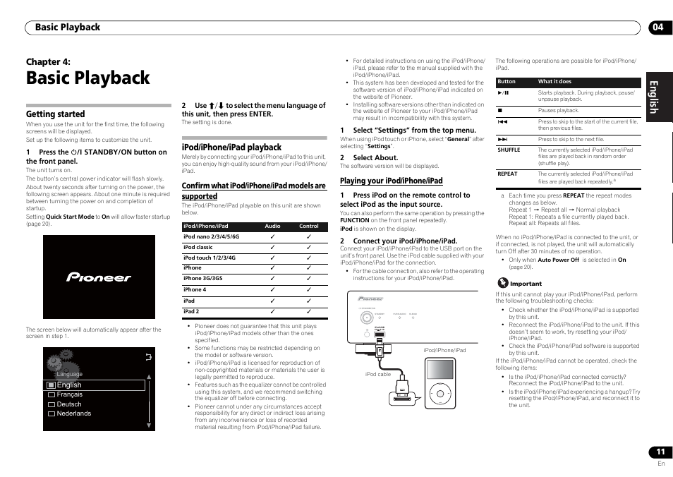 Getting started ipod/iphone/ipad playback, Confirm what ipod/iphone/ipad models are, Supported playing your ipod/iphone/ipad | Basic playback, Menu, English français español, Basic playback 04, Chapter 4, Getting started, Ipod/iphone/ipad playback | Pioneer N-50-S User Manual | Page 11 / 28