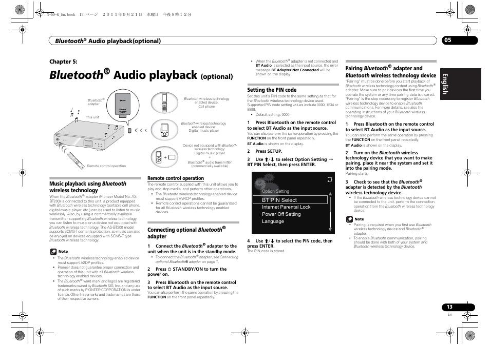 Music playback using bluetooth wireless, Technology, Remote control operation | Wireless technology device, Bluetooth, Audio playback, English français español, Optional) | Pioneer N-50-S User Manual | Page 13 / 28