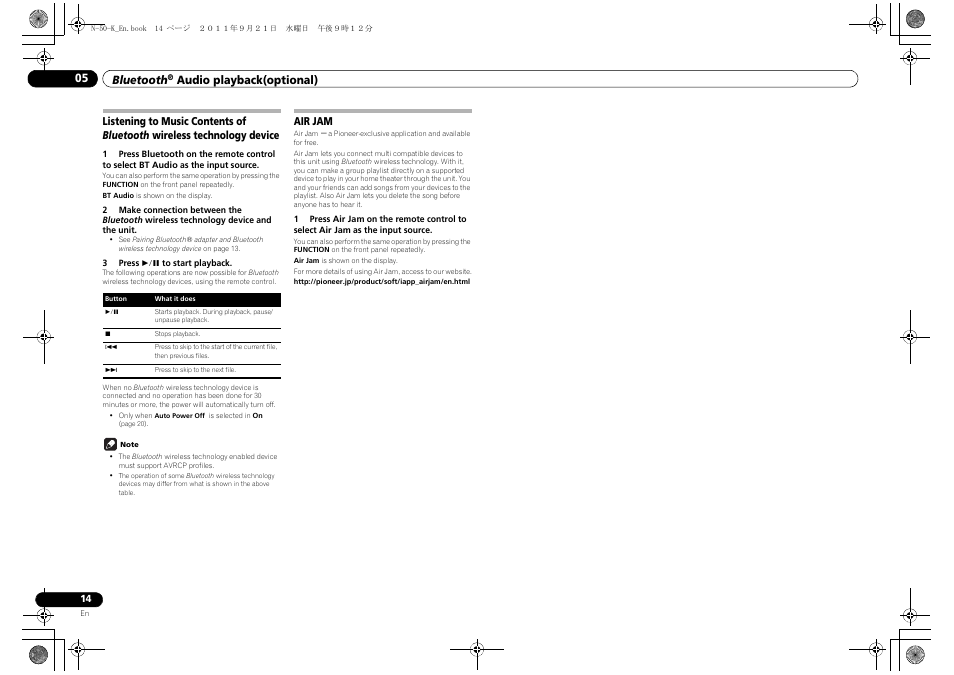 Listening to music contents of bluetooth, Wireless technology device air jam | Pioneer N-50-S User Manual | Page 14 / 28