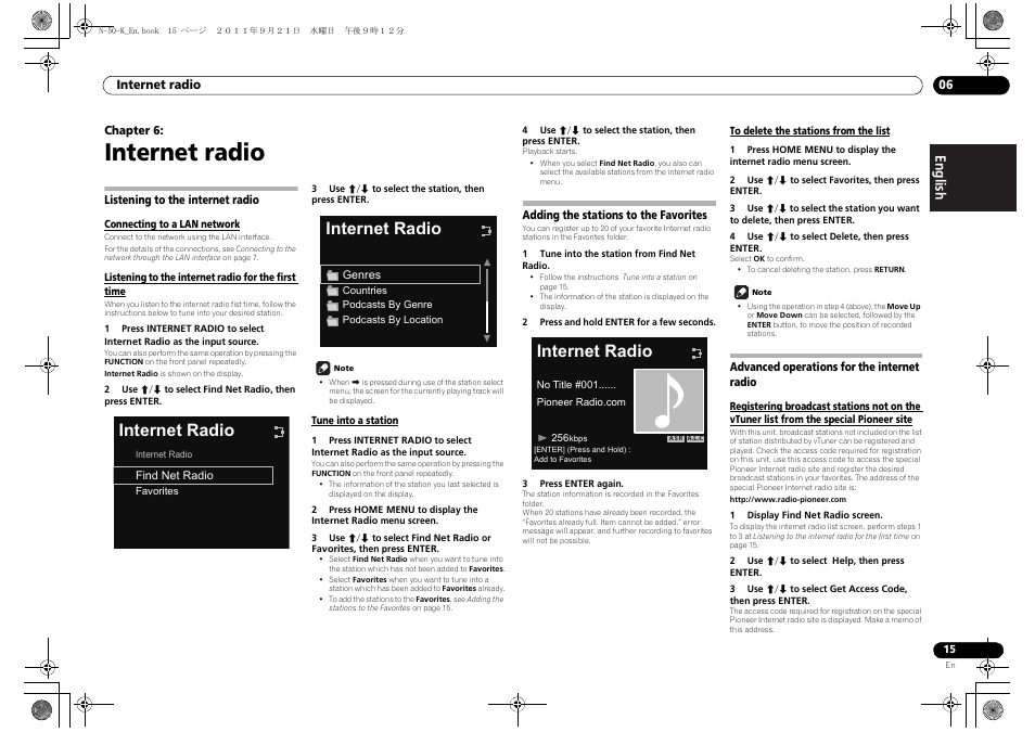 Listening to the internet radio, Adding the stations to the favorites, To delete the stations from the list | Advanced operations for the internet radio, Registering broadcast stations not on the, Vtuner list from the special pioneer site, Internet radio, English français español | Pioneer N-50-S User Manual | Page 15 / 28