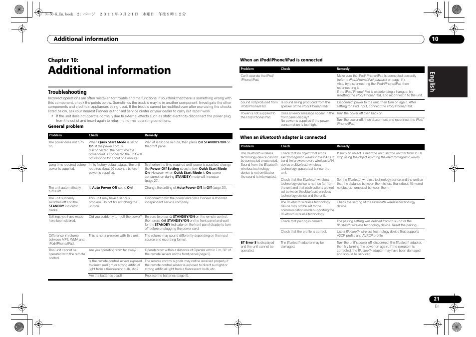Troubleshooting, Additional information, English français español | Additional information 10, Chapter 10 | Pioneer N-50-S User Manual | Page 21 / 28