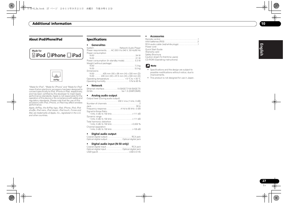 About ipod/iphone/ipad specifications, English français español | Pioneer N-50-S User Manual | Page 27 / 28