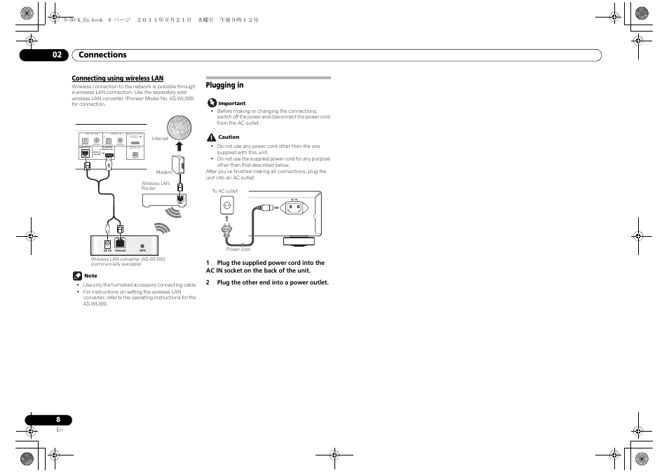 Connecting using wireless lan, Plugging in, Connections 02 | Pioneer N-50-S User Manual | Page 8 / 28