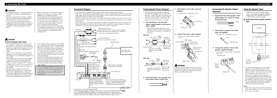 Connecting the unit <english, Connecting the power terminal, Connecting the speaker output terminals | Using the speaker input, Connection diagram | Pioneer PRS-D1100M User Manual | Page 2 / 8
