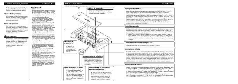 En caso de desperfectos, Sobre este producto, Precaucion | Advertencia, Control de ganancia, Indicador de alimentación, Cubierta de terminales, Interruptor de entrada, Control de refuerzo de graves, Control de frecuencia de corte para lpf | Pioneer PRS-D1100M User Manual | Page 5 / 8