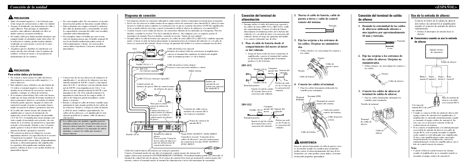 Conexión de la unidad <español, Conexión del terminal de alimentación, Conexión del terminal de salida de altavoz | Uso de la entrada de altavoz, Diagrama de conexión | Pioneer PRS-D1100M User Manual | Page 6 / 8