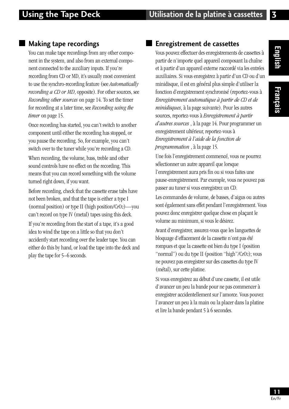 Making tape recordings, Enregistrement de cassettes, English fran çais making tape recordings | Pioneer CT-L11 User Manual | Page 11 / 84