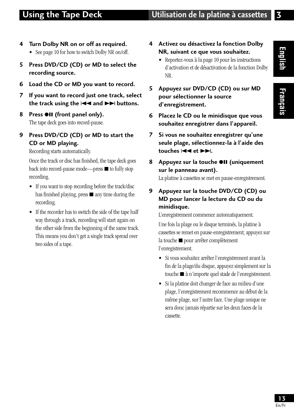 English fran çais | Pioneer CT-L11 User Manual | Page 13 / 84