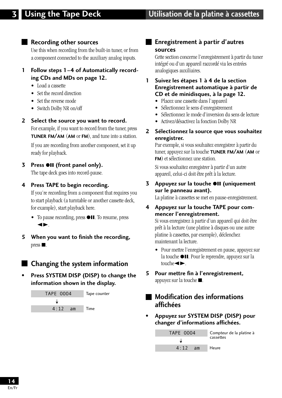 Recording other sources, Changing the system information, Enregistrement à partir d’autres sources | Modification des informations affichées | Pioneer CT-L11 User Manual | Page 14 / 84