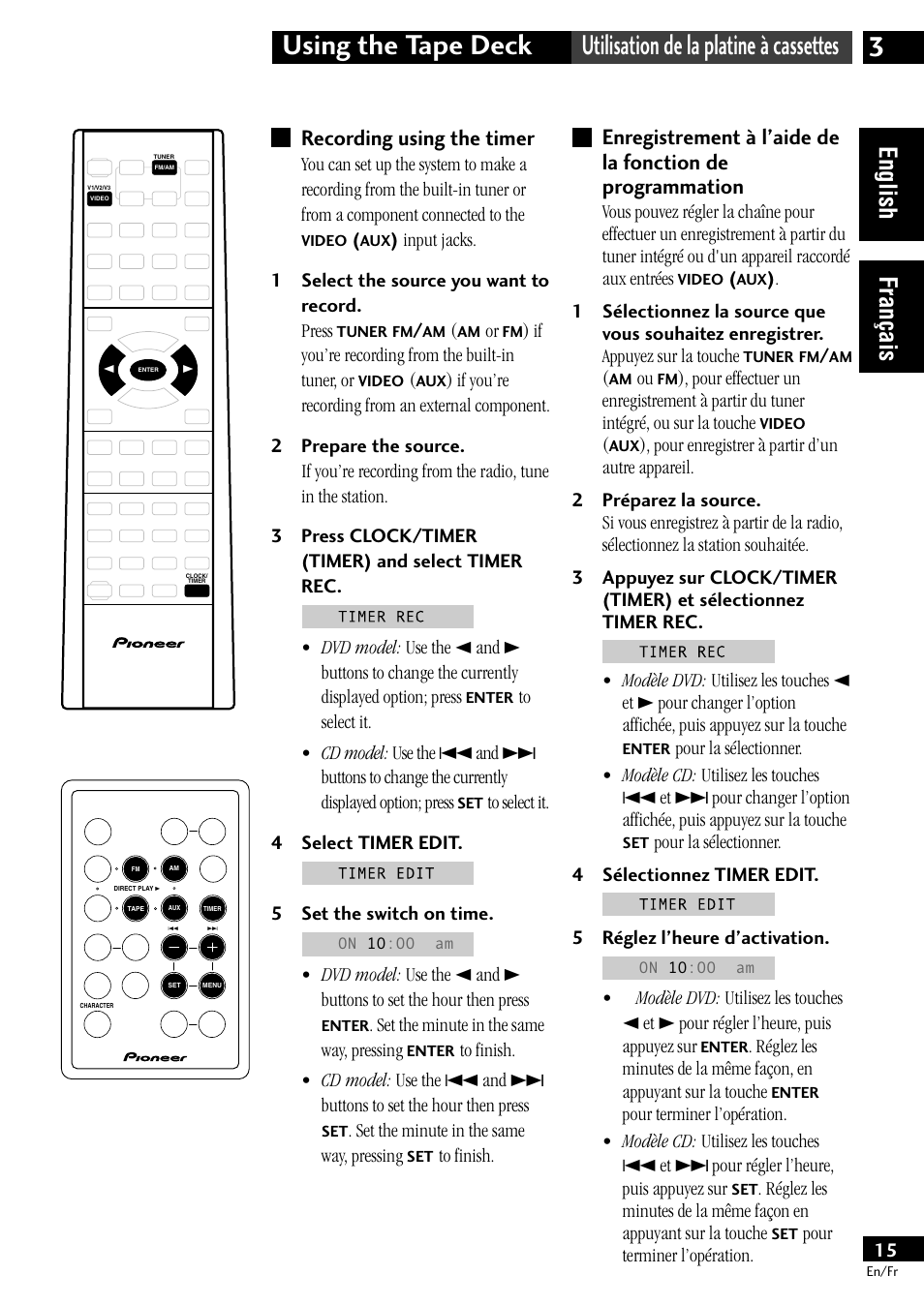 Recording using the timer, English fran çais | Pioneer CT-L11 User Manual | Page 15 / 84