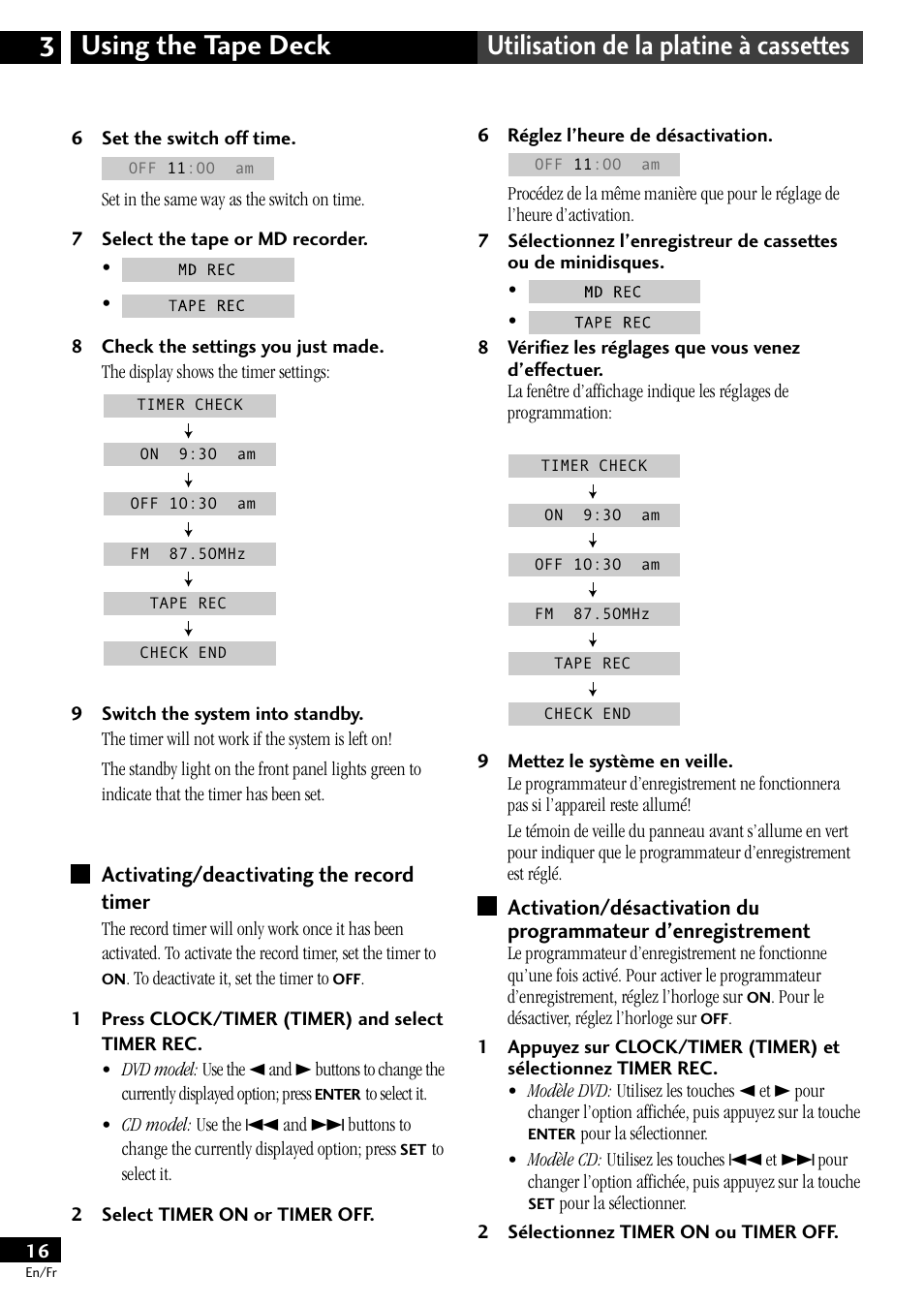 Activating/deactivating the record timer | Pioneer CT-L11 User Manual | Page 16 / 84