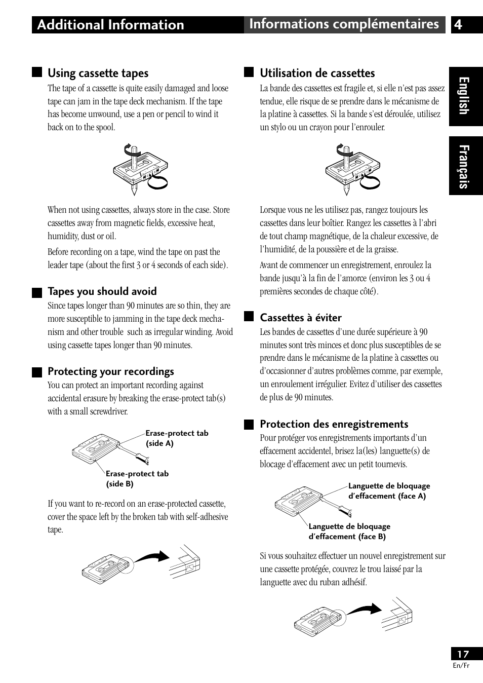 Using cassette tapes, Tapes you should avoid protecting your recordings, Utilisation de cassettes | Cassettes à éviter protection des enregistrements, English français using cassette tapes | Pioneer CT-L11 User Manual | Page 17 / 84