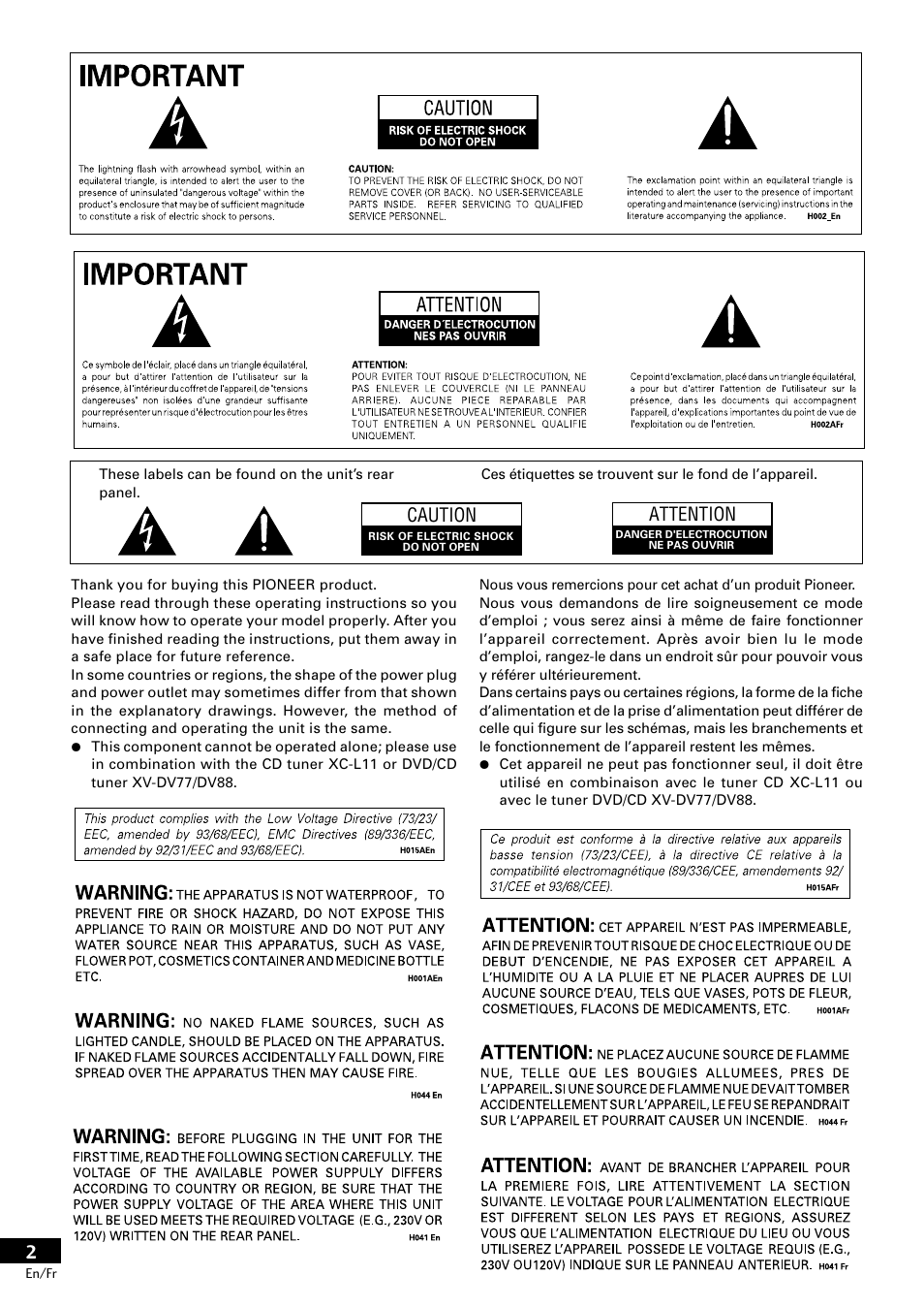 Caution attention | Pioneer CT-L11 User Manual | Page 2 / 84