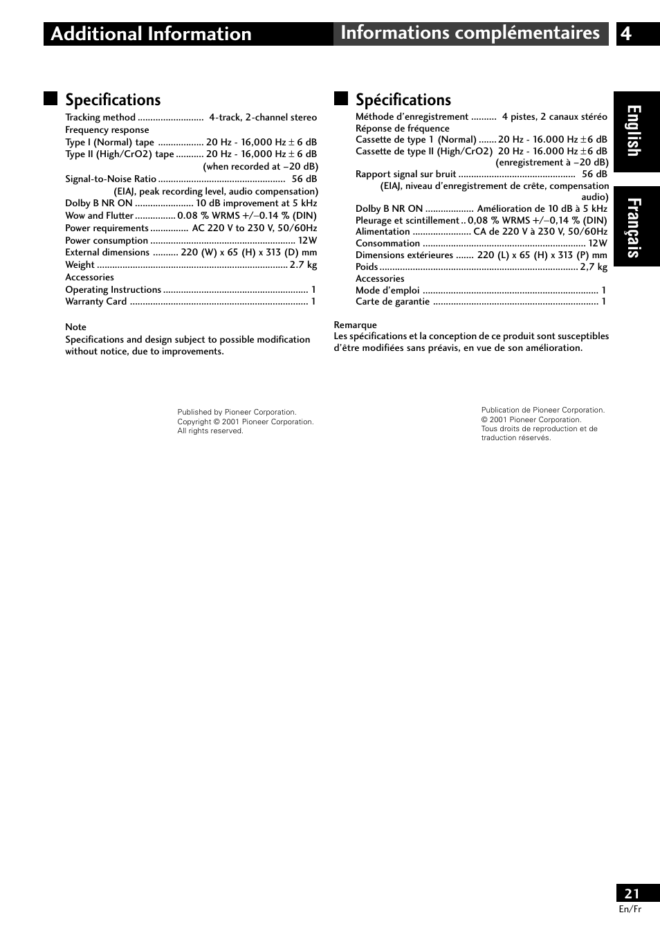 Specifications, Spécifications, English fran çais | Pioneer CT-L11 User Manual | Page 21 / 84