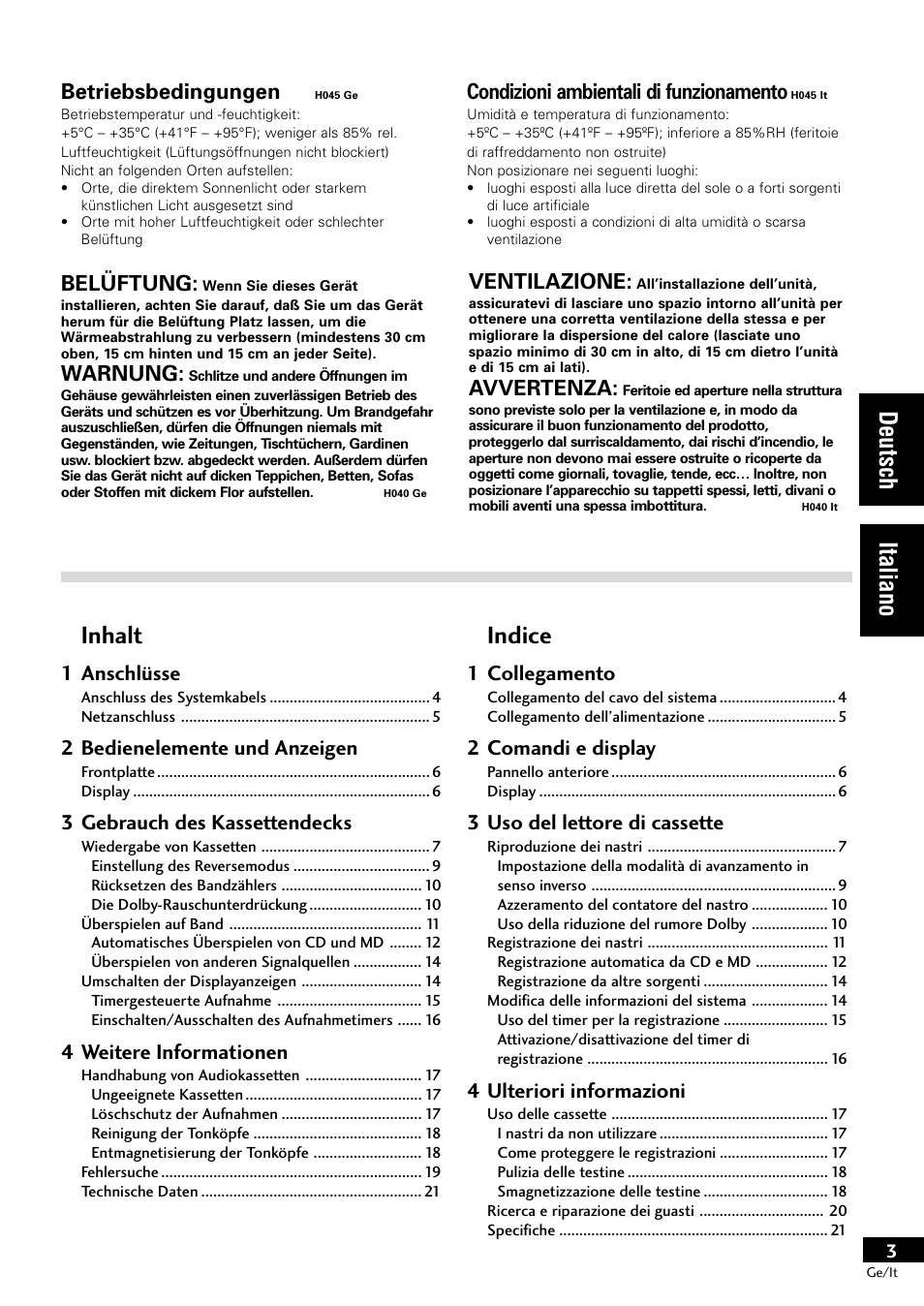 Deutsch italiano, Inhalt, Indice | Ventilazione, Avvertenza, Belüftung, Warnung, Betriebsbedingungen, Condizioni ambientali di funzionamento, 1 anschlüsse | Pioneer CT-L11 User Manual | Page 23 / 84