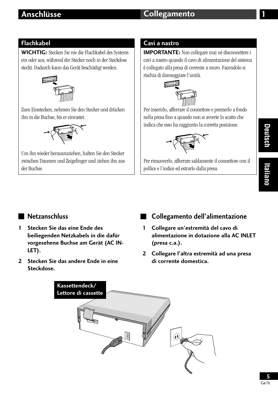 Netzanschluss, Collegamento dell’alimentazione, 1anschlüsse collegamento | Pioneer CT-L11 User Manual | Page 25 / 84