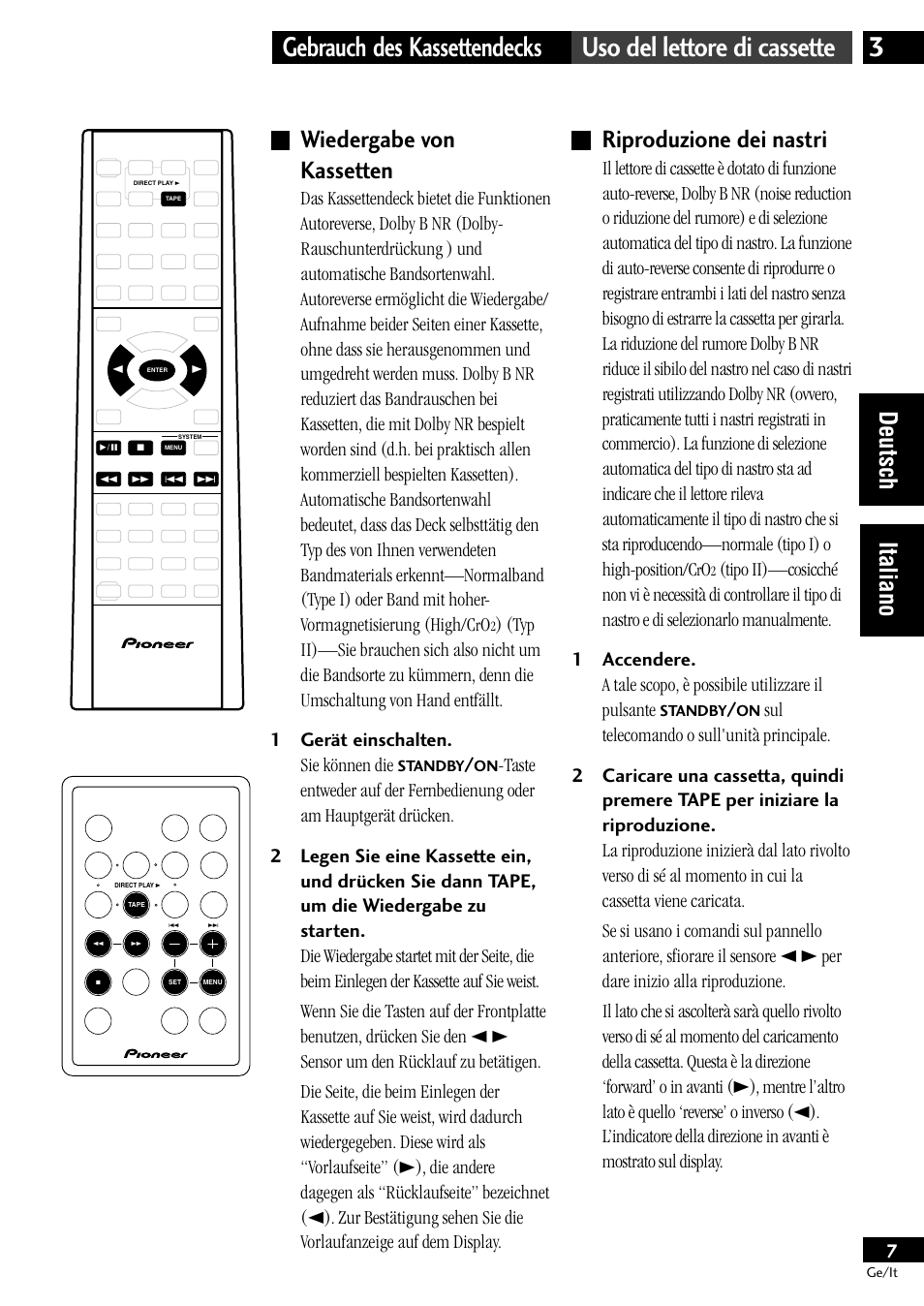 Wiedergabe von kassetten, Riproduzione dei nastri, Deutsch italiano | Pioneer CT-L11 User Manual | Page 27 / 84