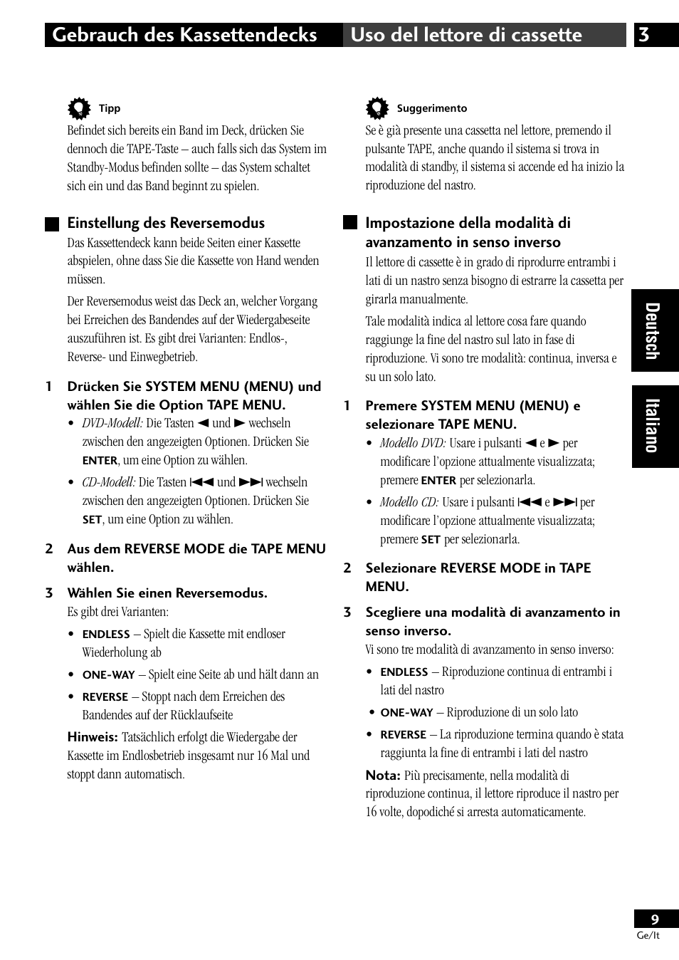 Einstellung des reversemodus, Deutsch italiano | Pioneer CT-L11 User Manual | Page 29 / 84