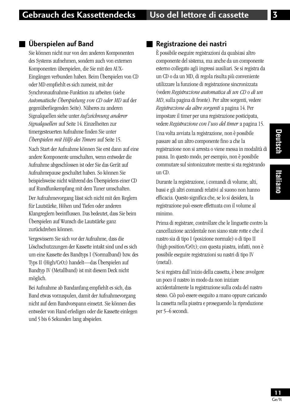 Überspielen auf band, Registrazione dei nastri, Deutsch italiano registrazione dei nastri | Pioneer CT-L11 User Manual | Page 31 / 84