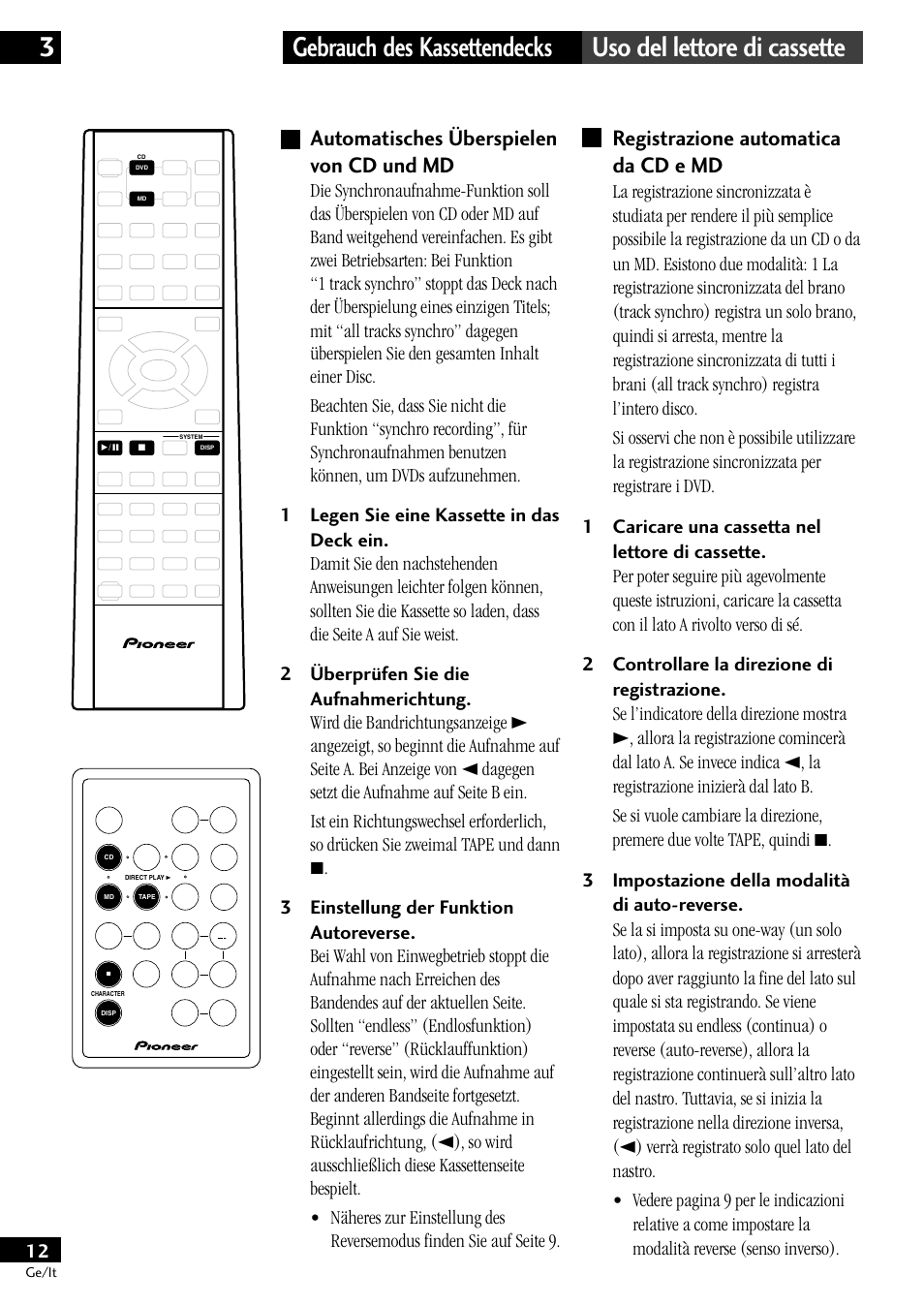 Automatisches überspielen von cd und md, Registrazione automatica da cd e md | Pioneer CT-L11 User Manual | Page 32 / 84