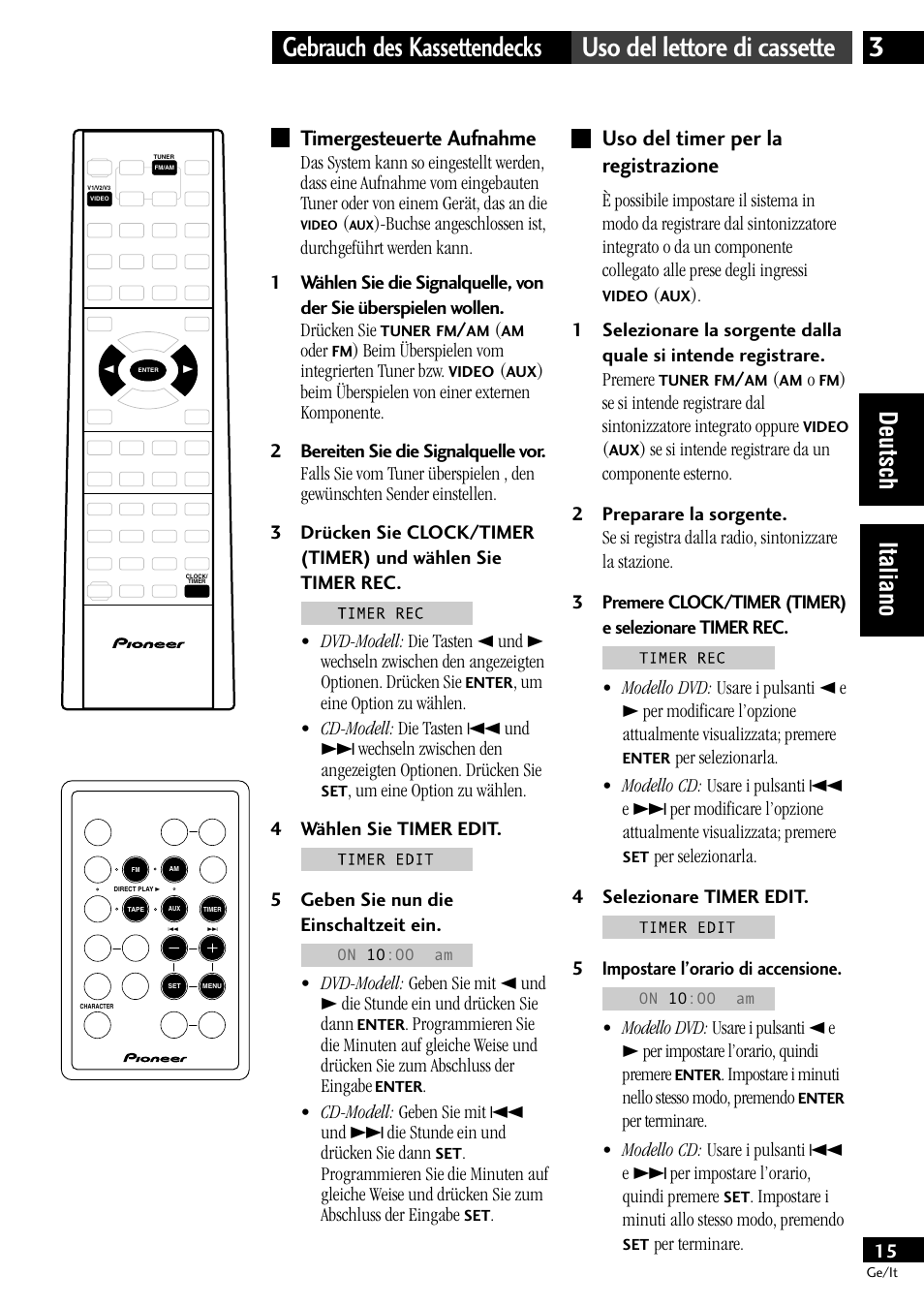 Timergesteuerte aufnahme, Uso del timer per la registrazione, Deutsch italiano | Pioneer CT-L11 User Manual | Page 35 / 84