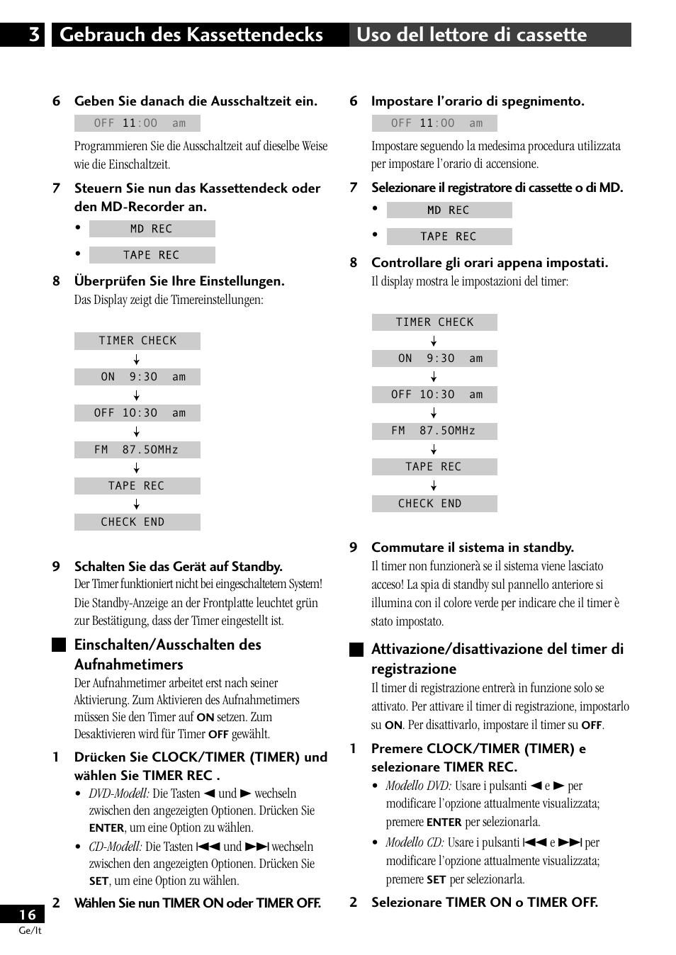 Einschalten/ausschalten des aufnahmetimers | Pioneer CT-L11 User Manual | Page 36 / 84
