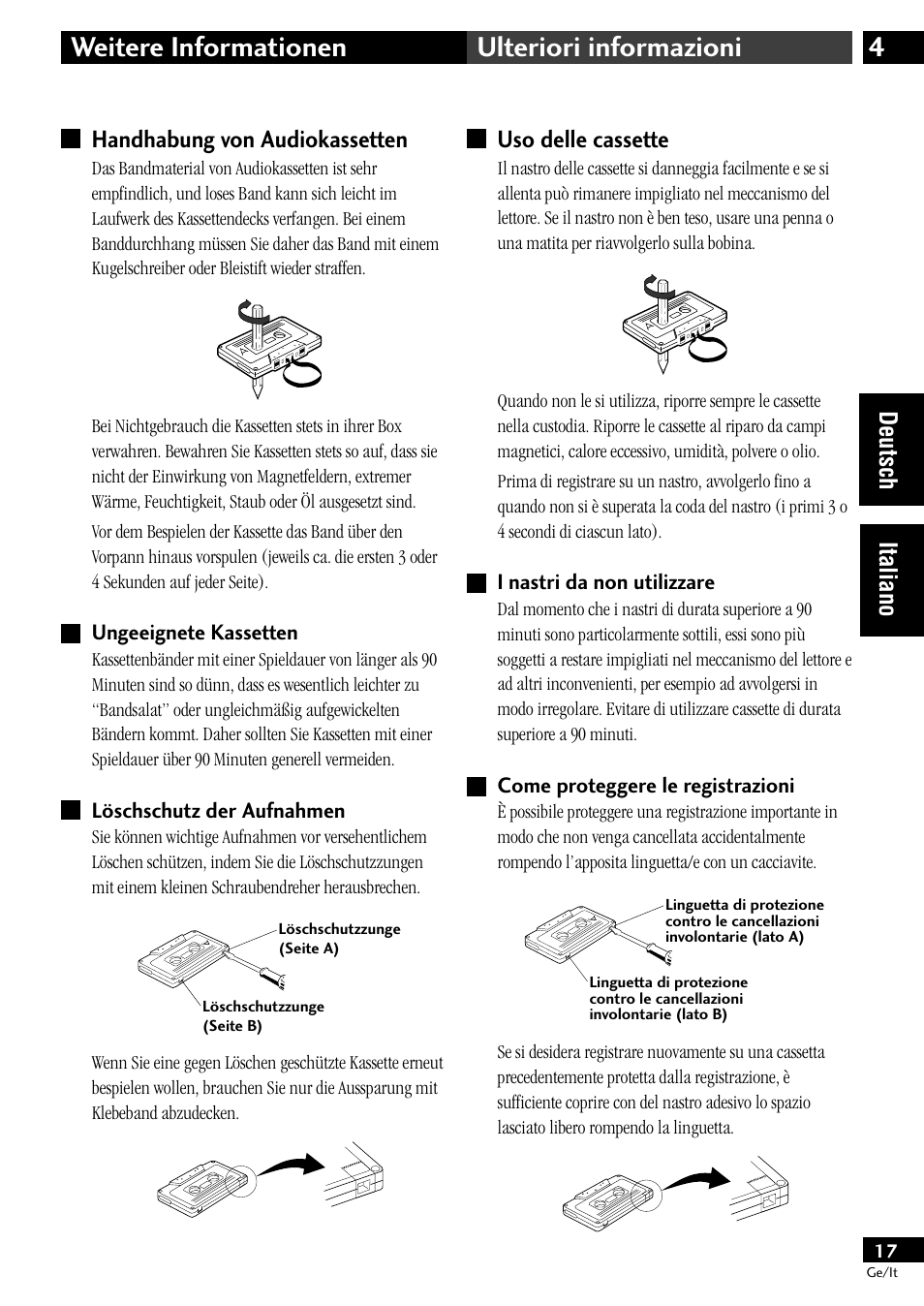 Handhabung von audiokassetten, Ungeeignete kassetten löschschutz der aufnahmen, Uso delle cassette | 4weitere informationen ulteriori informazioni, Deutsch italiano uso delle cassette | Pioneer CT-L11 User Manual | Page 37 / 84