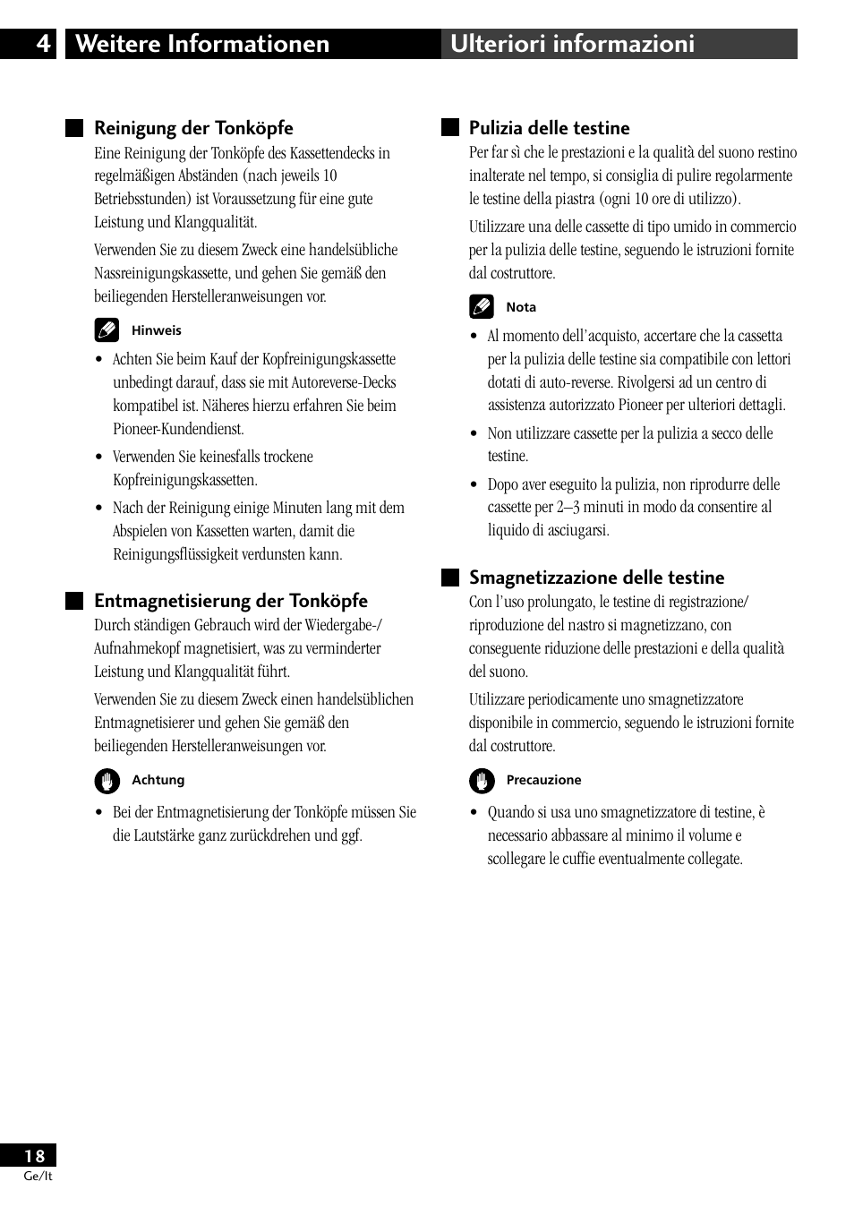 Weitere informationen 4 ulteriori informazioni | Pioneer CT-L11 User Manual | Page 38 / 84