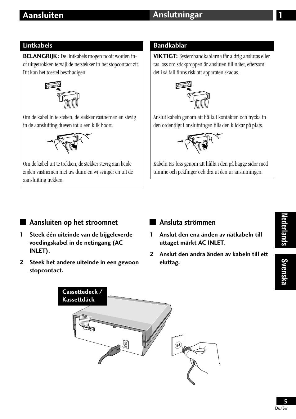 Aansluiten op het stroomnet, Ansluta strömmen, 1aansluiten anslutningar | Pioneer CT-L11 User Manual | Page 45 / 84