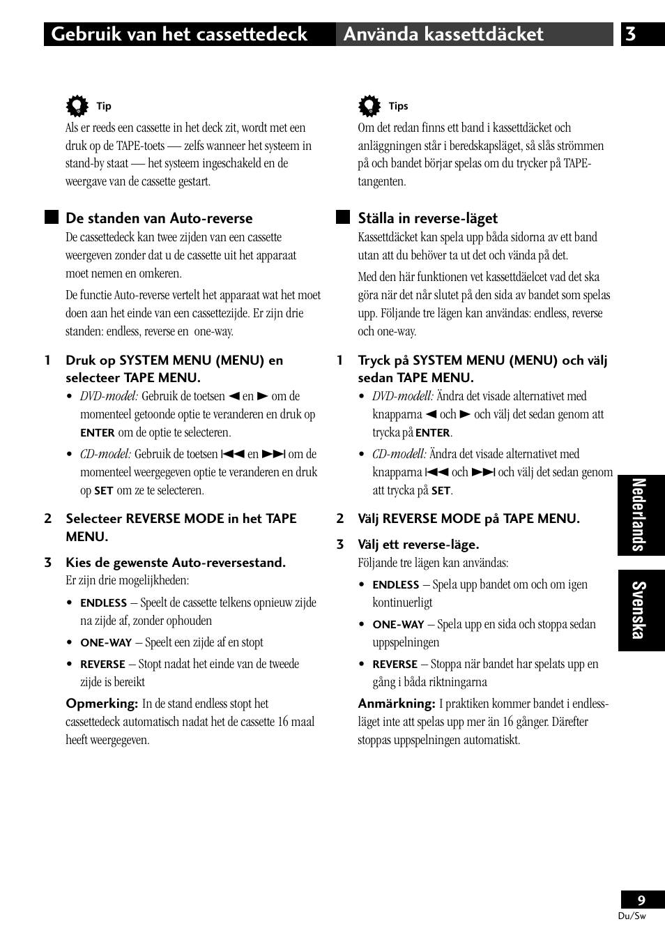 De standen van auto-reverse, Ställa in reverse-läget, Nederlands svenska | Pioneer CT-L11 User Manual | Page 49 / 84