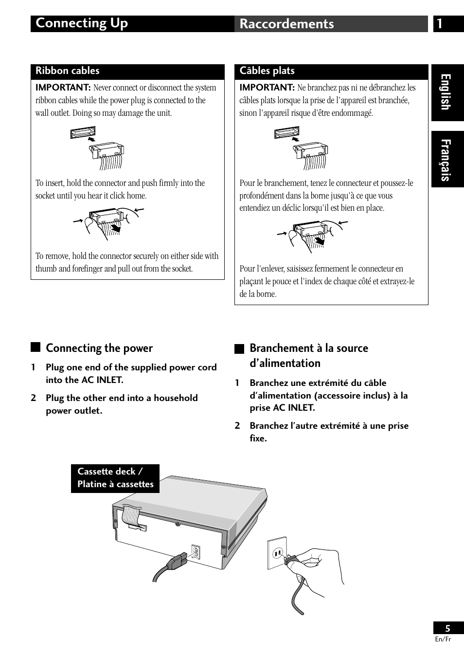 Connecting the power, Branchement à la source d’alimentation, 1connecting up raccordements | Pioneer CT-L11 User Manual | Page 5 / 84